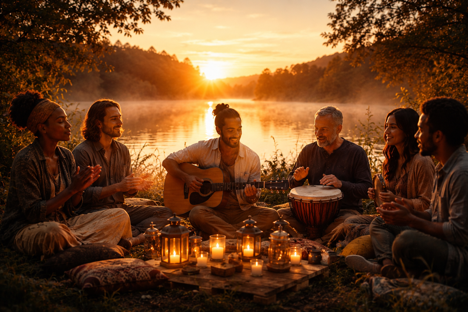 People gathering with music beside a lake at sunrise